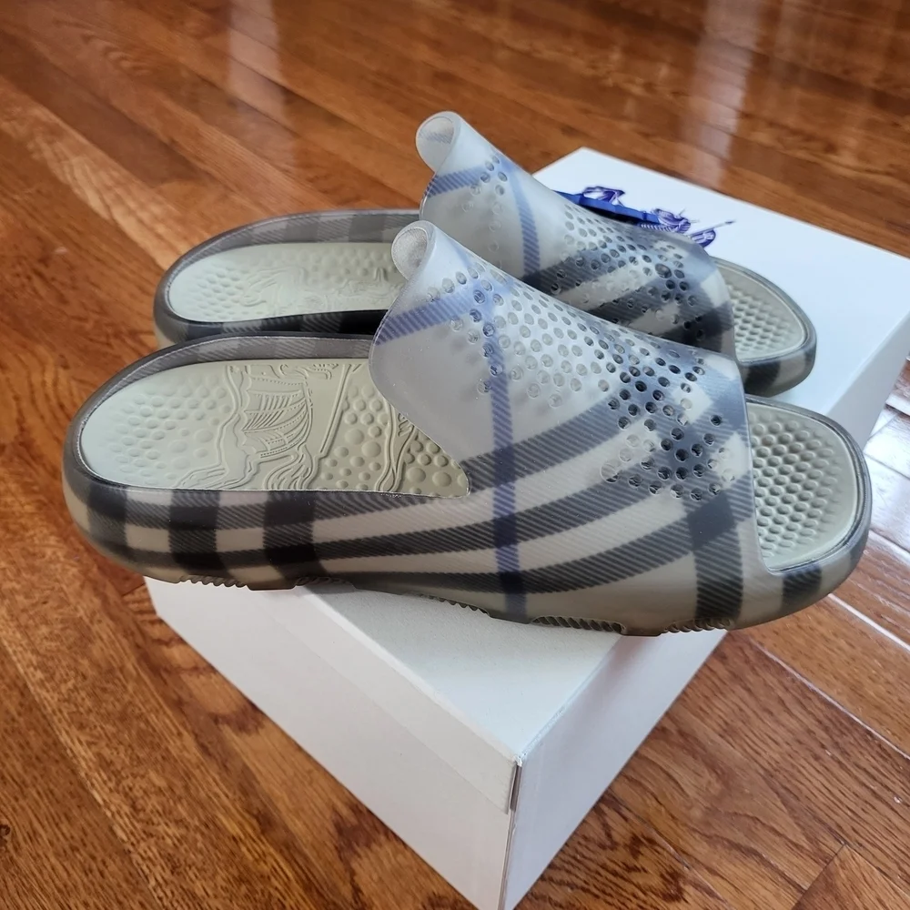Burberry Gray Plaid Slide Sandals